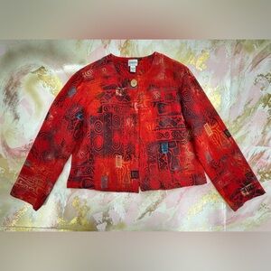 Chicos Crop Red 100% Cotton One Button Geometric Blazer 1/M